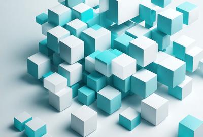 The primary subject of the image is a large, intricate arrangement of blue and white cubes. The setting is a white background, which provides a clean and minimalist appearance. The visual style is a combination of digital art and illustration, creating a unique and eye-catching pattern. The dominant colors are blue and white, giving the image a calm and soothing atmosphere.