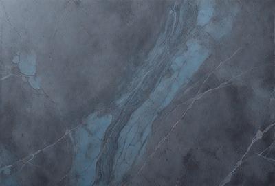 The primary subject of the image is a blue and gray marble wall. The setting is a room with a gray stone wall, and the visual style is a photo. The dominant colors are blue and gray, creating a calm and sophisticated atmosphere.