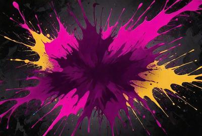 The primary subject of the image is a large, colorful splash of paint, which appears to be a close-up of a painting. The setting is a black background, which contrasts with the vibrant colors of the paint splash. The visual style is a mix of digital art and illustration, as the colors and patterns are reminiscent of a painting. The dominant colors are pink, yellow, and purple, creating a lively and energetic atmosphere.