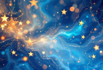 The primary subject of the image is a blue background with a starry pattern. The setting is a night sky, and the visual style is a digital art or illustration. The dominant colors are blue and gold, creating a serene and peaceful atmosphere.