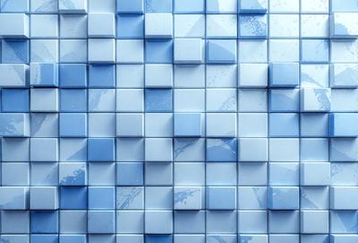 The primary subject of the image is a blue tile wall with a pattern of blue and white tiles. The setting is a room with a blue tile wall as the main focus. The visual style is a digital art or illustration, as the tiles are arranged in a visually appealing manner. The dominant colors are blue and white, creating a calm and soothing atmosphere.