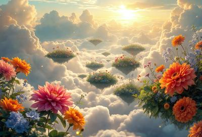 Primary subject: Flower garden in the clouds
Setting/background: Clouds
Visual style: Digital art
Colors and mood: Bright, vibrant, and whimsical