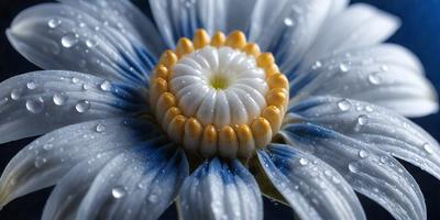 The primary subject of the image is a white flower with a yellow center, surrounded by blue petals. The setting is a close-up of the flower, with a background of water droplets. The visual style is a photo, capturing the beauty of the flower in its natural environment. The colors and mood of the image are predominantly blue and white, creating a serene and calming atmosphere.