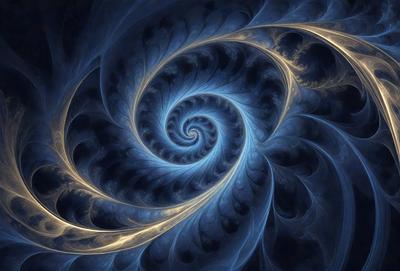 The primary subject of the image is a blue spiral pattern, which appears to be a digital art or illustration. The setting is a blue background, and the visual style suggests that it is a digital artwork or a pattern. The dominant colors in the image are blue and gold, creating a calm and serene atmosphere.