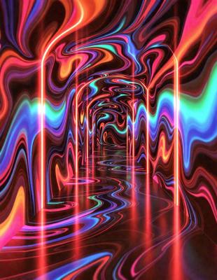 The primary subject of the image is a long, narrow hallway with a colorful, swirling pattern on the walls. The setting is a dark room with a red glow, creating a unique and visually striking atmosphere. The visual style of the image is a combination of digital art and illustration, with the swirling pattern resembling a kaleidoscope. The dominant colors in the image are red, blue, and purple, which contribute to the overall mood of the scene.