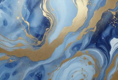 The primary subject of the image is a painting featuring a blue background with gold and blue swirls. The setting is a canvas, and the visual style appears to be a combination of digital art and illustration. The dominant colors in the painting are blue and gold, creating a sense of depth and richness.