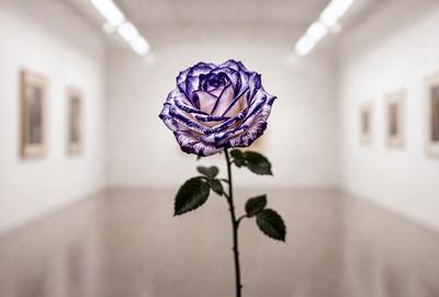 Purple rose with a single stem, sitting in a white room.