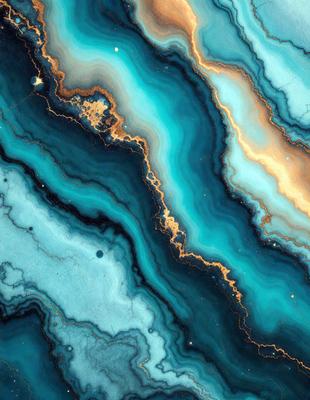 The primary subject of the image is a close-up of a blue and yellow marbled rock. The setting is a natural environment, with the rock being the main focus of the image. The visual style is a combination of photo and digital art, creating a unique and intricate pattern. The dominant colors are blue and yellow, giving the image a vibrant and lively atmosphere.