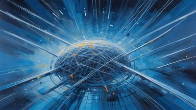The primary subject of the image is a blue and yellow globe, which appears to be a painting or digital artwork. The setting is a blue background, and the visual style is a combination of digital art and illustration. The colors and mood of the image are vibrant and energetic, with the blue and yellow colors creating a sense of depth and movement.