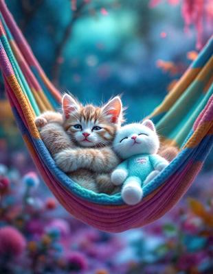The primary subject of the image is a stuffed animal cat, which is sitting in a hammock. The setting is a colorful and vibrant environment, with a purple and pink background. The visual style is a digital art or illustration, creating a whimsical and playful atmosphere. The dominant colors are purple, pink, and orange, which contribute to the overall mood of the scene.