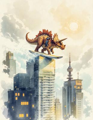Primary subject: A dinosaur riding a surfboard on top of a skyscraper.

Setting/background: The image features a cityscape with a large skyscraper in the background.

Visual style: The image is a digital art illustration.

Colors and mood: The colors are predominantly blue and white, with a sense of whimsy and playfulness.