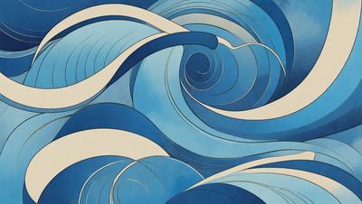 The primary subject of the image is a blue and white ocean wave. The setting is the ocean, and the visual style is a digital art or illustration. The dominant colors are blue and white, creating a calm and serene atmosphere.