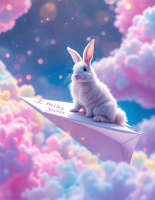 The primary subject of the image is a white rabbit sitting on a pink and white paper airplane. The setting is a cloudy sky, and the visual style is a digital art illustration. The dominant colors are pink, white, and blue, creating a warm and cheerful atmosphere.