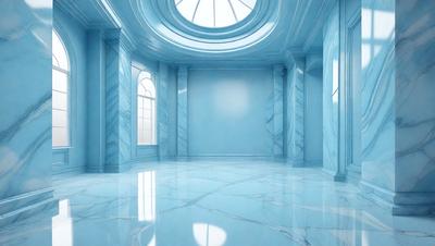 The primary subject of the image is a large, empty room with a blue color scheme. The room features a high ceiling and a large window, which allows natural light to fill the space. The setting is a large, open area with a marble floor, giving the room a luxurious and elegant appearance. The visual style of the image is digital art, which adds a modern and sophisticated touch to the scene. The colors and mood of the room are predominantly blue, creating a calm and serene atmosphere.