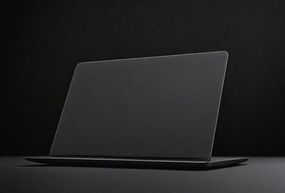 The primary subject of the image is a laptop computer. The laptop is placed on a black surface, which could be a table or a desk. The setting appears to be a dark room, with the laptop being the main focus of the image. The visual style of the image is a close-up of the laptop, showcasing its design and features. The colors in the image are predominantly black, giving the scene a sleek and modern appearance.