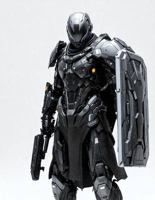 The primary subject of the image is a robotic figure, possibly a superhero, dressed in a futuristic outfit. The robot is holding a gun in its hand. The setting is a white background, which provides a clean and uncluttered environment for the robotic figure. The visual style of the image is a combination of photo and digital art, creating a realistic yet futuristic appearance. The colors and mood of the image are predominantly dark and dramatic, emphasizing the robot's menacing