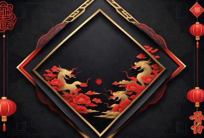 The primary subject of the image is a decorative artwork featuring two dragons, each with a pink flower in its mouth. The setting is a black background, which contrasts with the vibrant colors of the dragons and flowers. The visual style is a combination of digital art and illustration, creating a striking and eye-catching design. The dominant colors are pink, red, and gold, giving the artwork a warm and inviting atmosphere.