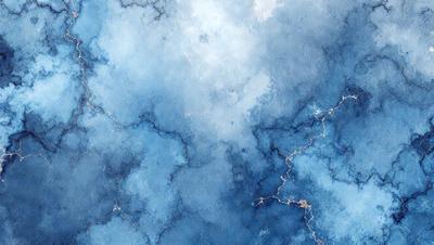 The primary subject of the image is a blue sky with clouds. The setting is a blue background, and the visual style is a painting or drawing. The colors and mood are predominantly blue, creating a calm and serene atmosphere.