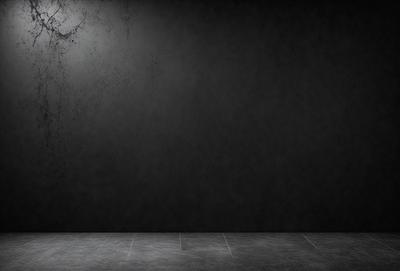 The primary subject of the image is a black wall with a white floor. The setting is a room with a black background, and the visual style is a black and white photo. The colors and mood of the image are predominantly dark, creating a moody atmosphere.