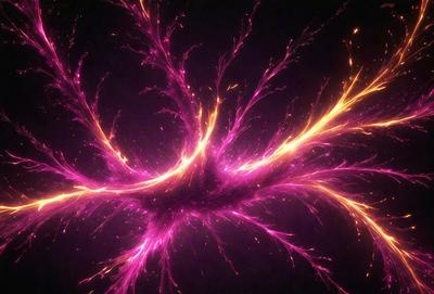 The primary subject of the image is a purple, pink, and orange flame-like pattern. The setting is a dark background, which contrasts with the vibrant colors of the flame. The visual style appears to be a combination of digital art and illustration, creating a unique and eye-catching design. The dominant colors in the image are purple, pink, and orange, giving the scene a warm and inviting atmosphere.