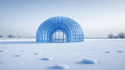 The primary subject of the image is a large, blue, snow-covered dome or igloo. The dome is situated in a snowy environment, and it appears to be a unique and interesting architectural structure. The setting and background of the image showcase the snowy landscape, which adds to the overall atmosphere of the scene. The visual style of the image is a combination of photo and digital art, creating a striking and eye-catching representation of the snow-covered dome.