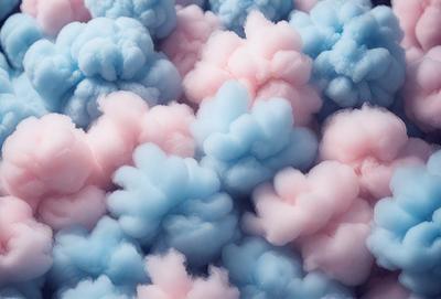 The primary subject of the image is a large pile of cotton candy, which is a popular dessert. The setting is a room with a blue and pink color scheme, creating a fun and playful atmosphere. The visual style is a close-up of the cotton candy, showcasing its texture and colors. The dominant colors are blue and pink, which are prevalent in the room's decor.