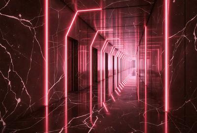 The primary subject of the image is a hallway with a red light illuminating it. The setting is a long, narrow hallway with a patterned floor and walls. The visual style is a combination of a photo and digital art, creating a unique and striking atmosphere. The colors and mood are predominantly red, giving the scene a bold and vibrant appearance.