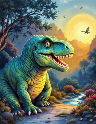The primary subject of the image is a large, blue, green, and white dinosaur with a mouth full of teeth, sitting on a rocky hillside. The setting is a lush, green forest with a sunset in the background. The visual style is a digital art illustration, creating a vibrant and detailed scene. The colors and mood of the image are warm and inviting, with the sunset casting a golden glow over the landscape.