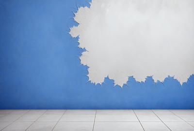 The primary subject of the image is a large, white, cloud-shaped painting on a blue wall. The setting is a room with a white floor, and the visual style appears to be a painting or drawing. The dominant colors are white and blue, creating a calm and serene atmosphere.