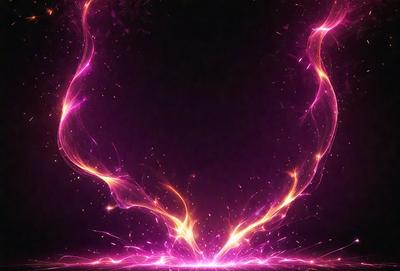 The primary subject of the image is a purple background with a bright, colorful, and swirling pattern. The setting appears to be a dark room, and the visual style is a combination of digital art and illustration. The dominant colors in the image are purple and pink, creating a vibrant and energetic atmosphere.