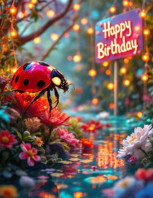 The primary subject of the image is a ladybug, which is the main object, scene, or focus of the image. The ladybug is sitting on a flower, surrounded by a beautiful garden setting. The visual style of the image is digital art, as it appears to be a well-crafted illustration. The colors and mood of the image are vibrant and cheerful, with the ladybug being the main source of color and the garden providing a lively atmosphere.