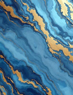 The primary subject of the image is a blue and gold marbled wallpaper. The setting is a room with a blue and gold marbled wallpapered wall. The visual style is a close-up of the wallpaper, showcasing its intricate design. The colors and mood of the image are vibrant and luxurious, with the blue and gold colors creating a sense of sophistication and elegance.