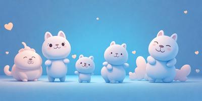 The image features a group of five white, round, and cute animal figurines standing next to each other. They are positioned on a blue surface, which adds a contrasting and vibrant touch to the scene. The figurines are likely a part of a collection or a decorative display, and their unique design and color scheme create a playful and cheerful atmosphere.