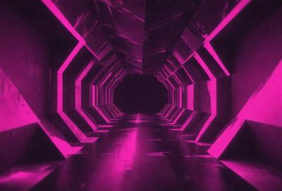 The primary subject of the image is a long, narrow tunnel with a pink lighting effect. The setting is a dark, enclosed space, and the visual style appears to be a combination of a photo and digital art. The dominant colors are pink and purple, creating a unique and atmospheric environment.