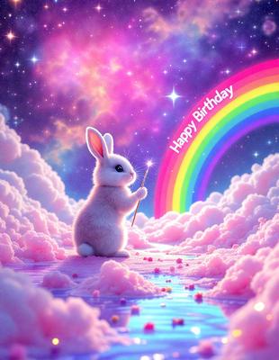 Primary subject: A white bunny rabbit holding a wand.

Setting/background: The bunny is standing on a cloud, with a rainbow in the background.

Visual style: The image is a digital art or illustration.

Colors and mood: The dominant colors are pink and purple, creating a whimsical and happy atmosphere.