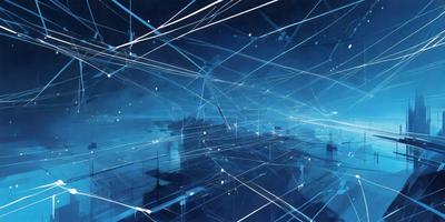 The primary subject of the image is a complex network of interconnected lines, which create a visually striking and intricate pattern. The setting is a dark, blue background that contrasts with the lines, emphasizing their intricacy. The visual style is a combination of digital art and illustration, as the lines are rendered in a way that resembles a computer-generated or hand-drawn pattern. The colors and mood of the image are predominantly dark and moody, with the blue background and the interconnected lines
