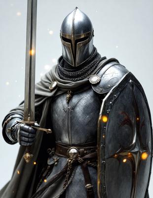 The primary subject of the image is a knight in shining armor, dressed in a silver suit of armor and holding a sword. The setting is a white background, which provides a clean and uncluttered environment for the knight to stand out. The visual style is a combination of digital art and illustration, creating a detailed and realistic representation of the knight. The colors and mood of the image are predominantly silver and gray, giving it a sense of elegance and sophistication.
