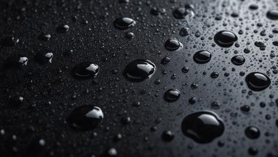 The primary subject of the image is a close-up of a black surface with numerous small droplets of water on it. The setting is a dark background, and the visual style appears to be a photo. The colors and mood of the image are predominantly dark, with the droplets of water being the main focus.
