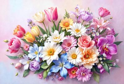 The primary subject of the image is a bouquet of colorful flowers, including tulips, daffodils, and roses. The flowers are arranged in a vase, creating a beautiful and vibrant display. The setting is a pink background, which adds to the overall mood of the image. The visual style is a painting, showcasing the artist's skill in capturing the beauty of the flowers and their arrangement. The colors and mood of the image are predominantly warm and cheerful,