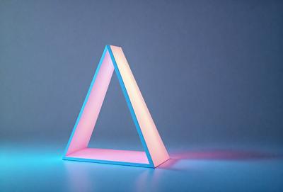 The primary subject of the image is a blue and pink lighted triangle. The setting is a blue background, and the visual style appears to be a digital art or illustration. The colors and mood of the image are vibrant and energetic, with the blue and pink light creating a lively atmosphere.