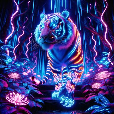 The primary subject of the image is a tiger, which is the main object, scene, or focus of the image. The tiger is standing in a forest, surrounded by a vibrant and colorful environment. The setting includes a tree and a staircase, adding to the natural and lively atmosphere. The visual style of the image is digital art, as it appears to be a digital illustration or drawing. The dominant colors in the image are blue, purple, and pink, creating a lively and energet
