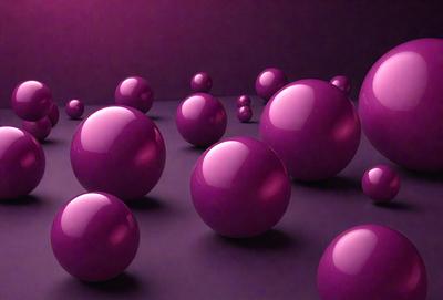 The primary subject of the image is a group of purple balls, which are the main objects in the scene. The setting is a dark purple background, creating a moody atmosphere. The visual style is a digital art or illustration, as the balls are depicted in a detailed and artistic manner. The colors and mood of the image are dominated by the purple hues, giving the scene a unique and striking appearance.