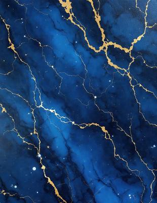 The primary subject of the image is a blue and gold marbled surface, which appears to be a painting or a digital artwork. The setting is a space with a starry background, giving the scene a celestial and serene atmosphere. The visual style is a combination of painting and digital art, creating a unique and intricate design. The dominant colors are blue and gold, with the blue marbled surface and gold accents creating a striking contrast against the starry background.
