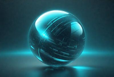 The primary subject of the image is a large, blue, glass-like ball. The setting is a dark background, which contrasts with the bright blue color of the ball. The visual style appears to be a digital art or illustration, as the ball is depicted with a detailed and intricate design. The colors and mood of the image are predominantly dark and moody, with the blue ball standing out as the main focal point.