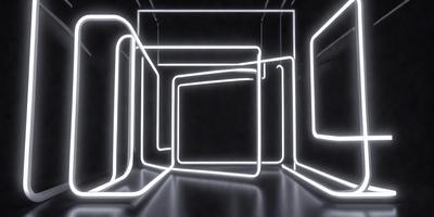 The primary subject of the image is a series of neon-lit boxes, which are arranged in a visually appealing manner. The setting is a dark room, and the visual style is a combination of digital art and illustration. The dominant colors in the image are neon and black, creating a striking and futuristic atmosphere.
