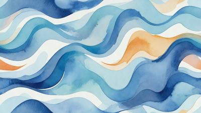 The primary subject of the image is a painting of a blue and white ocean wave. The setting is a blue and white ocean, and the visual style is a painting. The dominant colors are blue and white, creating a calm and serene atmosphere.