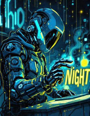 The primary subject of the image is a robot, specifically a humanoid robot, sitting at a computer desk and using a laptop. The robot is wearing a helmet and appears to be typing on the laptop. The setting is an office environment, with a keyboard and a mouse placed on the desk. The visual style of the image is digital art, with a blue and yellow color scheme that gives the scene a futuristic and technological atmosphere.