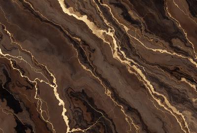 The primary subject of the image is a close-up of a marble surface with gold streaks. The setting is a natural environment, possibly a rock formation or a stone wall. The visual style is a combination of a photo and digital art, creating a unique and intriguing pattern. The colors and mood of the image are predominantly brown and gold, giving it a warm and earthy atmosphere.