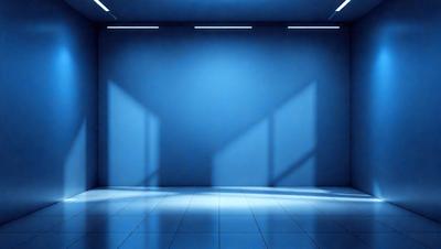 The primary subject of the image is a large, empty room with a blue wall. The setting is a room with a blue wall, and the visual style is a photo. The room appears to be a large, empty space with a blue wall, and the colors and mood are predominantly blue, creating a calm and serene atmosphere.