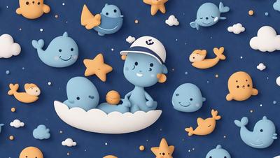 The primary subject of the image is a cartoon character, specifically a baby blue character, sitting in a cloud. The setting is a blue background with various other cartoon characters surrounding the baby blue character. The visual style is a combination of digital art and illustration, creating a whimsical and playful atmosphere. The colors are predominantly blue, with the baby blue character being the main focus.